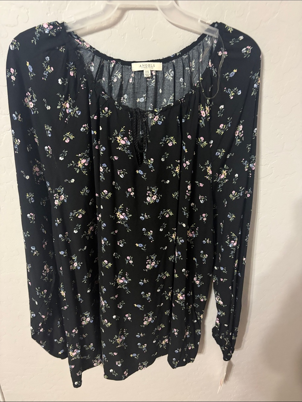 Angels Black Floral Peasant Tunic with Tie Keyhole
